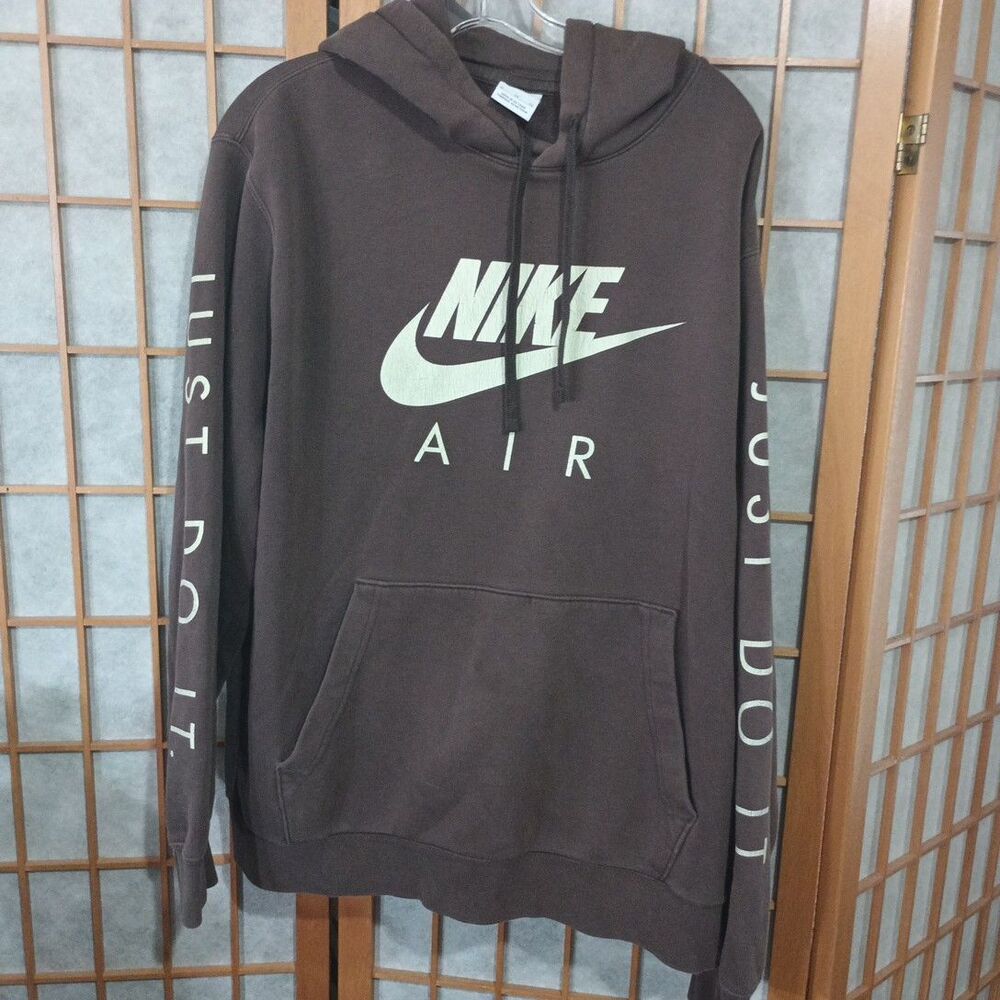 Nike Air Hoodie Brown Just Do It Sleeve Logo Pullover Sweatshirt Mens XL Vtg